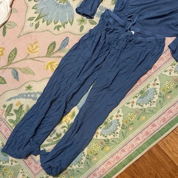 Blue Ribbed Lounge Set - Two-Piece Top & Pants - Picture 3 of 4